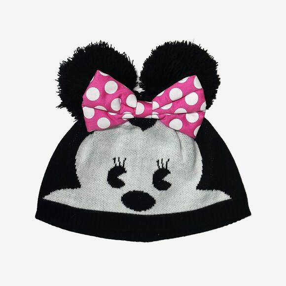 Disney Minnie Mouse Beanie Hat Black Pom Poms - Picture 1 of 2